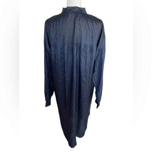 Eileen Fisher Washed Silk Tussah Mandarin Collar Navy Blue Shirtdress - Size XS - Picture 3 of 9